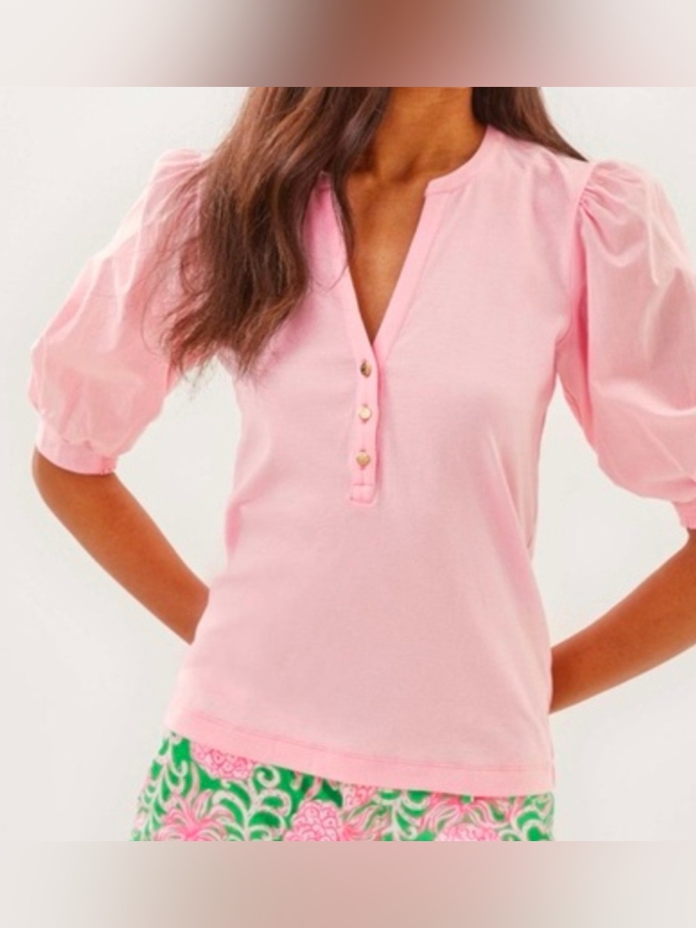 Lilly Pulitzer Ronson Knit Split V-Neck Short Puff Sleeve Top‎ Size XL